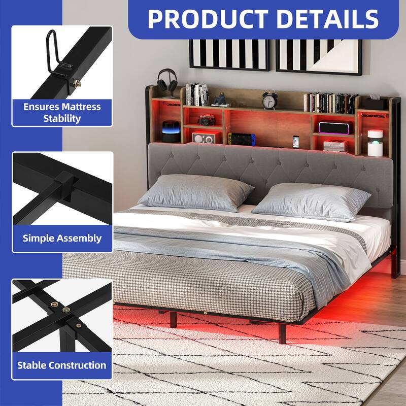 Moasis Floating Bed Frame Upholstered Platform Bed with RGB LED Lights Headboard Storage and Charging Station