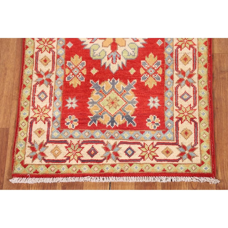 Geometric Red Kazak Oriental Runner Rug Hand-Knotted Wool Carpet - 2'2" x 6'3"