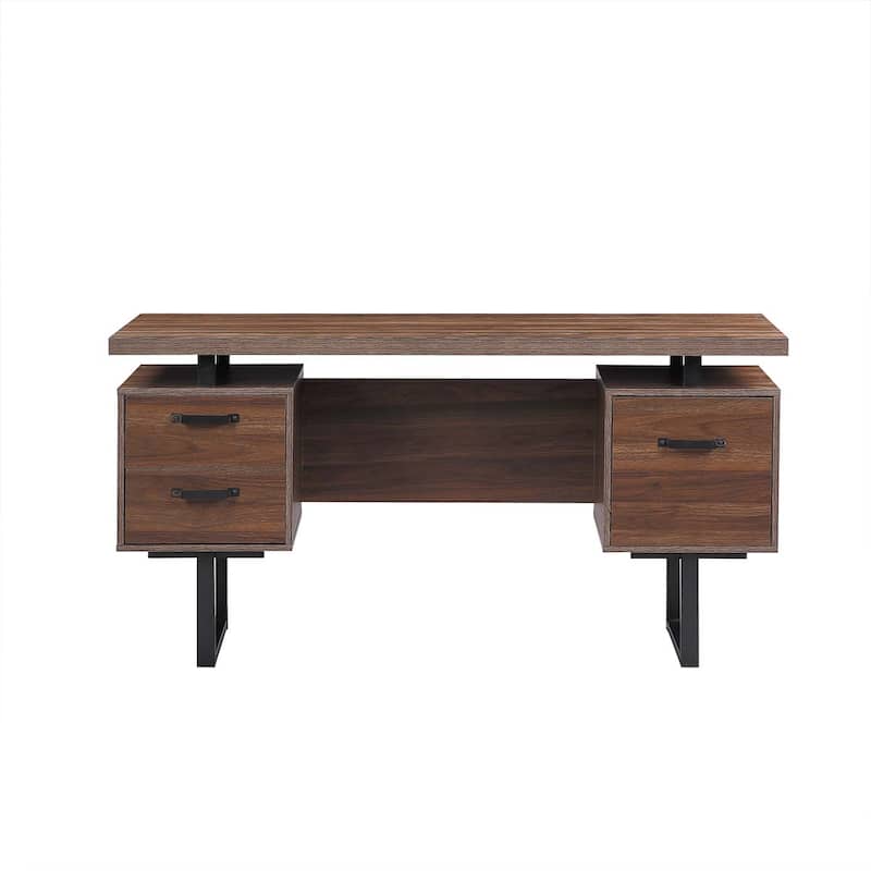 Roomfitters Home Office Desk with Drawers, 59" Writing Table with Hanging File Storage, Study Workstation, Walnut