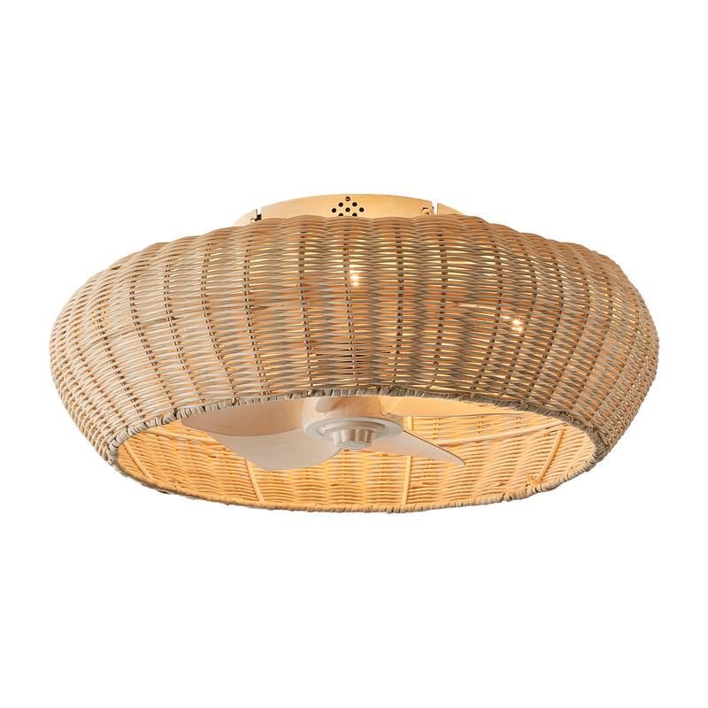 20-inch Boho Distressed White Chandelier Flush Mount Ceiling Fan with Remote and Hand-Woven Rattan Shade - 19.7" W x 7.08" H