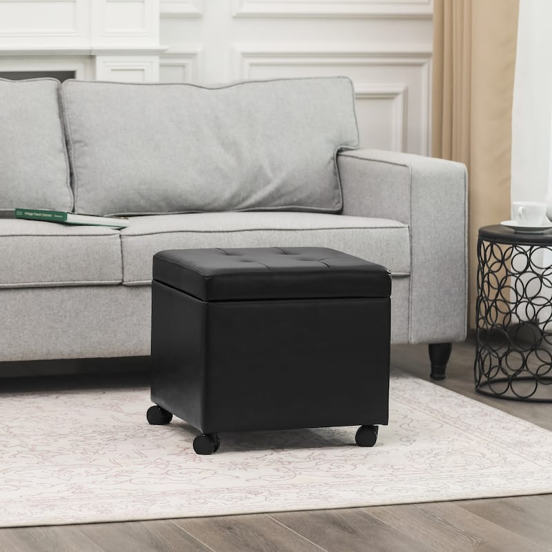 Adeco Bonded Leather Square Tufted Cubic Cube Storage Ottomans - BlackFauxLeather-with-Casters