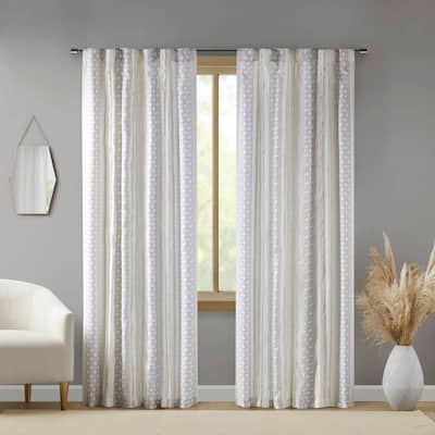 2pk Poly Printed Curtain Panel with Tufted Stripe White/Taupe