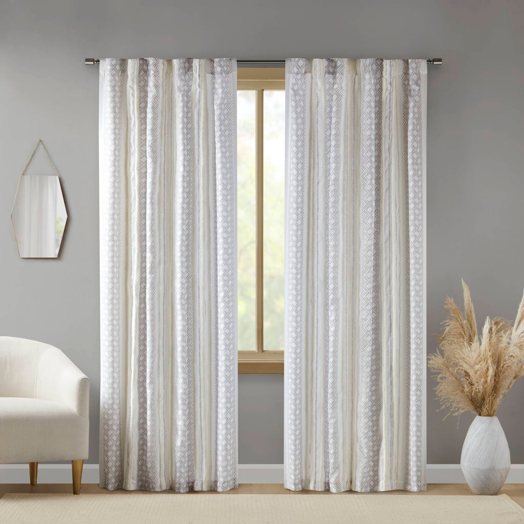 2pk Poly Printed Curtain Panel with Tufted Stripe White/Taupe