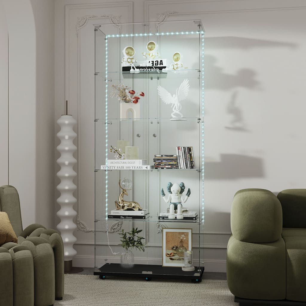 Glass Display Cabinet, Wine Cabinet,File Cabinet With Bluetooth Led Light Strips, Lock On Door,Casters At Bottom