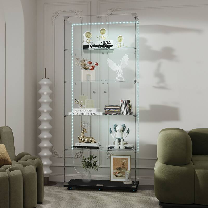 Tempered Glass Display Cabinet,Wine Cabinet,Storage Cabinet with Bluetooth LED Light Strips, Lock on Door, Tempered Glass Top - Black