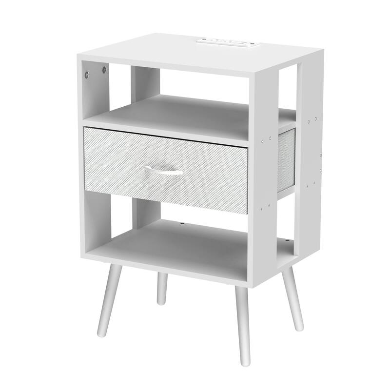 2 Pack Modern Nightstand with Charging Station, Bedside Tables with LED Light and Fabric Drawers