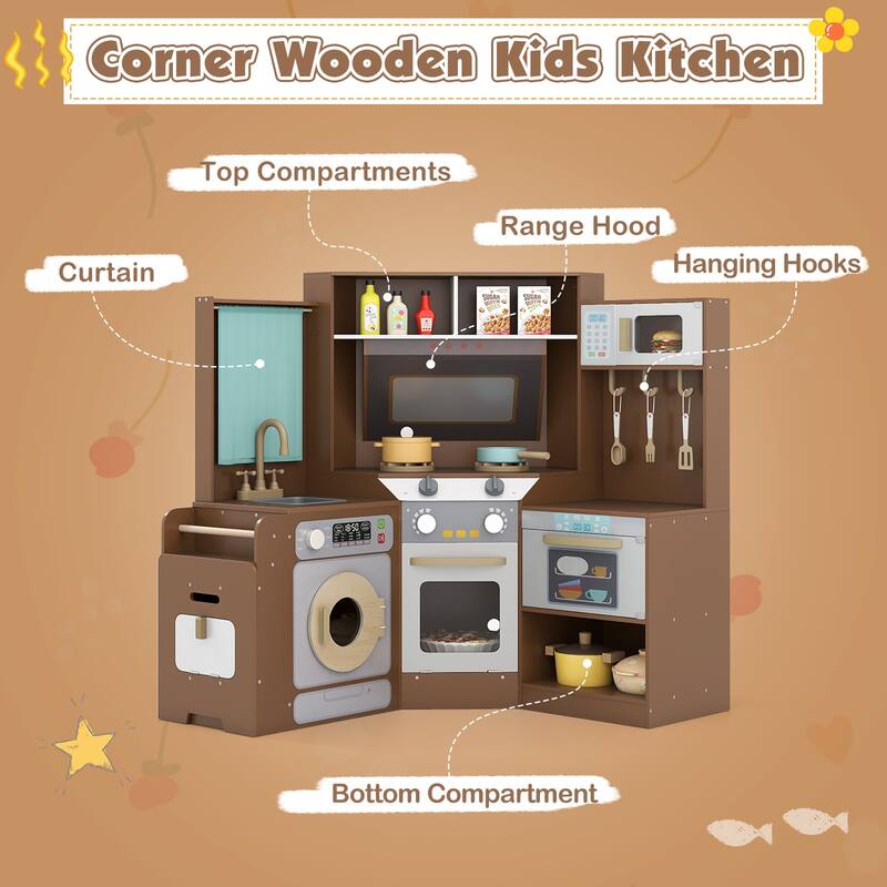 Gymax Corner Kitchen w/ Lights & Sounds Interactive Wooden Playset for