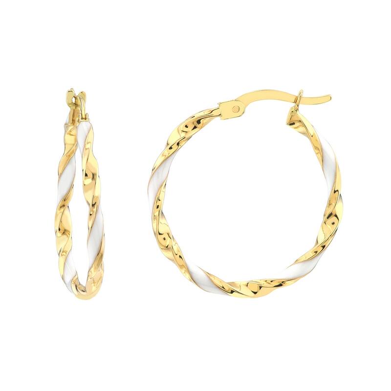 Curata 14k Yellow Gold 20x2mm White Enamel Round Twist Hoop Earrings