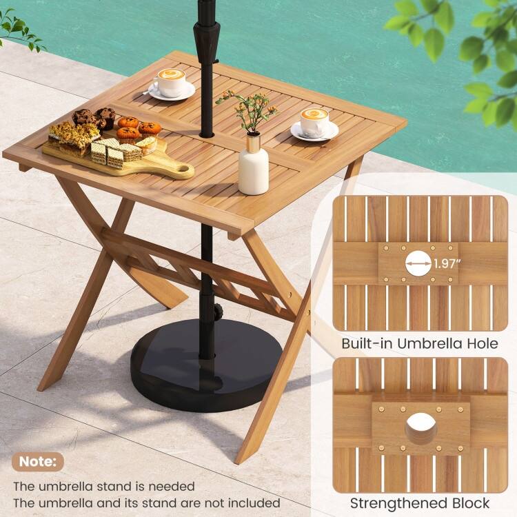 Natural Acacia Wood Square Folding Patio Table with Umbrella Hole - 36" x 36" x 29.5"
