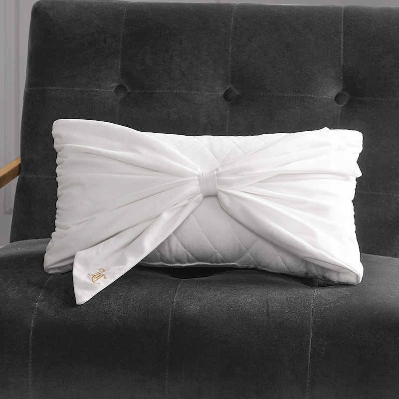 Juicy Couture Velvet Bow Designer Decorative Pillow - 10" x 18" - White