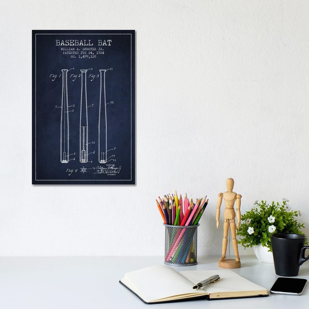 iCanvas "Baseball Bat Navy Blue Patent Blueprint" by Aged Pixel Canvas Print
