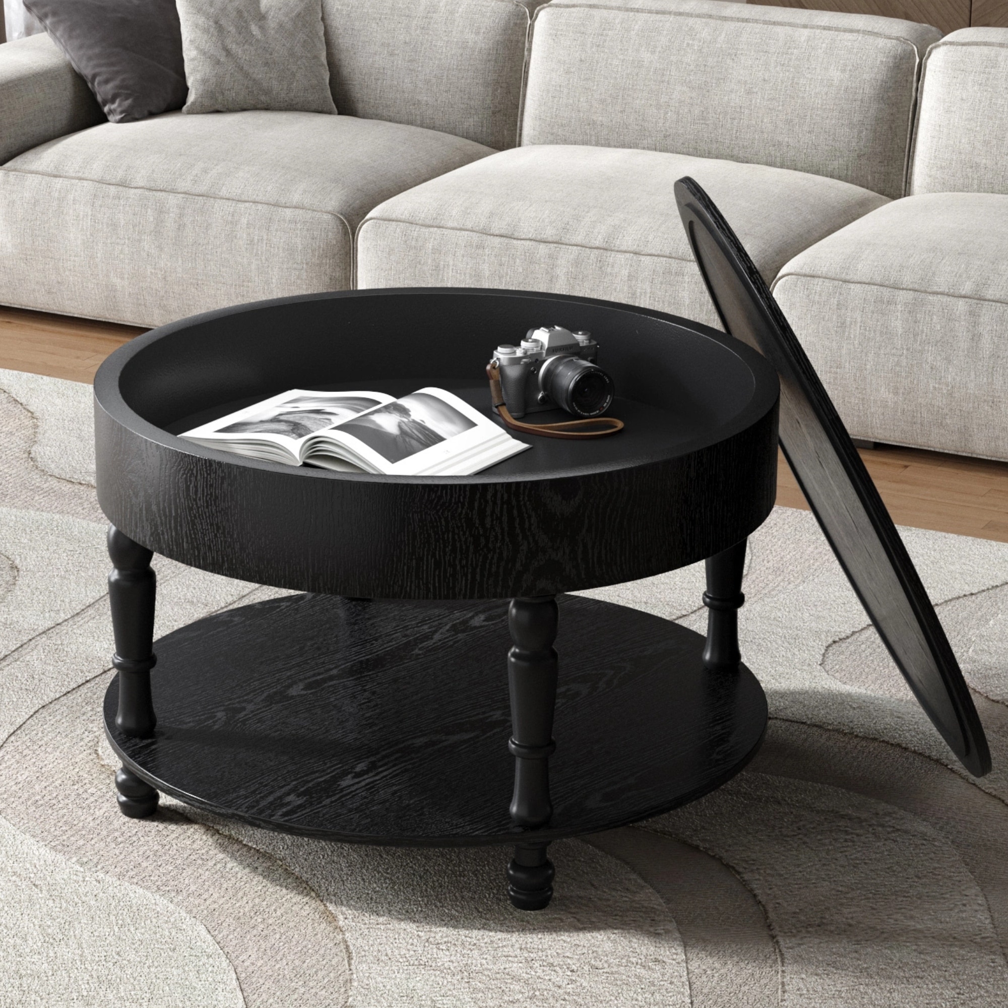 31.5" Modern Round Coffee Table with Storage & Adjustable Feet