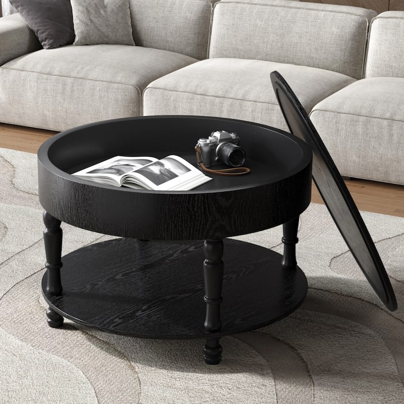 31.5" Round Coffee Table with Dual Storage - Modern Lift-Top Design, Adjustable Feet, Easy Assembly - Black