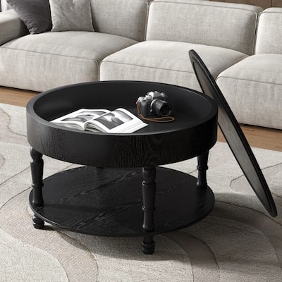 31.5 inch Modern Round Coffee Table Dual Storage Hidden Compartment Black Living Room