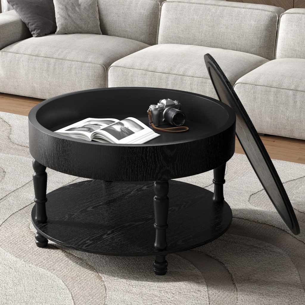 31.5 inch Modern Round Coffee Table Dual Storage Hidden Compartment Black Living Room