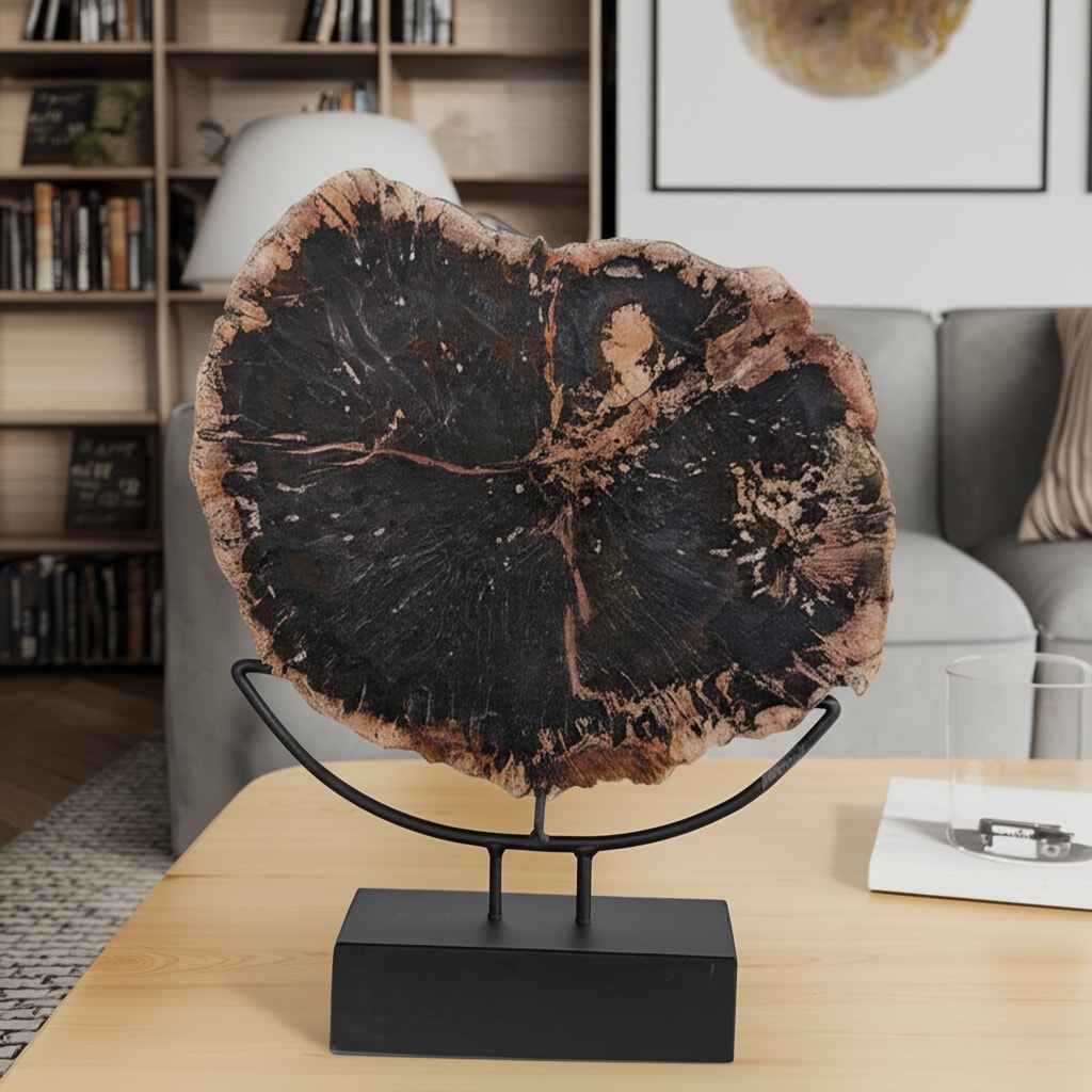 Petrified Wood Sculpture Natural Tree Ring Casual Style - 17" Black - 14" x 4" x 17"
