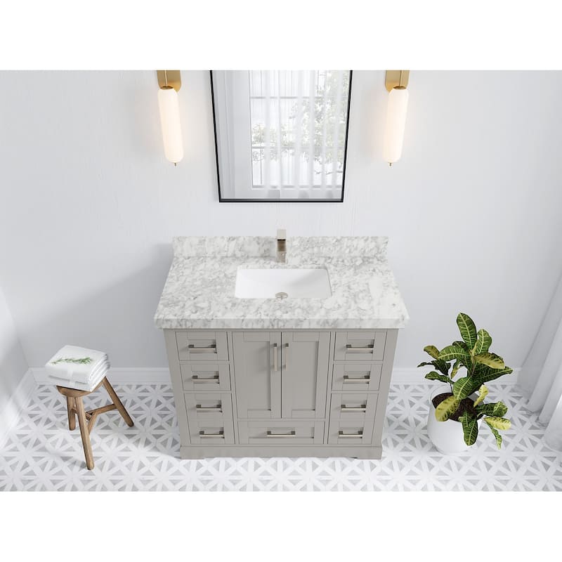 Willow Collection 42 in W x 22 in D x 36 in H Boston Single Bowl Sink Bathroom Vanity with Countertop - 2"Carrara Marble - Elephant Skin Gray