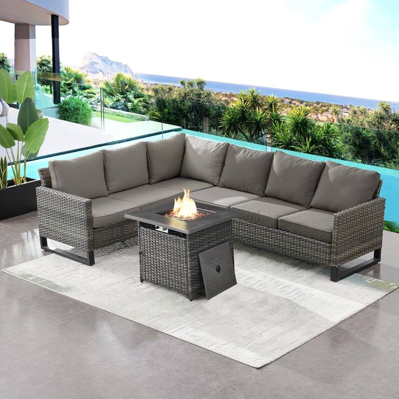 Outdoor Sectional Sofa with Fire Pit Table - Grey - Grey