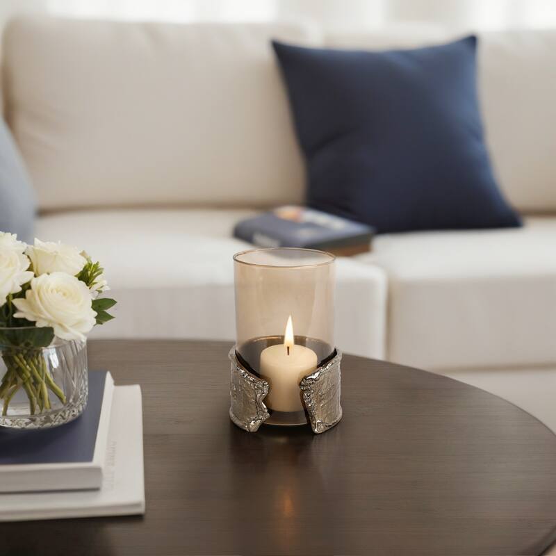 Candle Holder - Brown Glass with Metal Wraparound - 8.0"