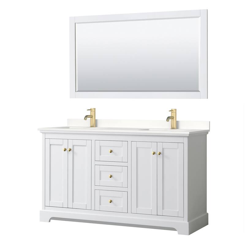 Avery 60-inch Double Vanity, Quartz Top, 58-inch Mirror - White, Gold Trim, White Quartz Top