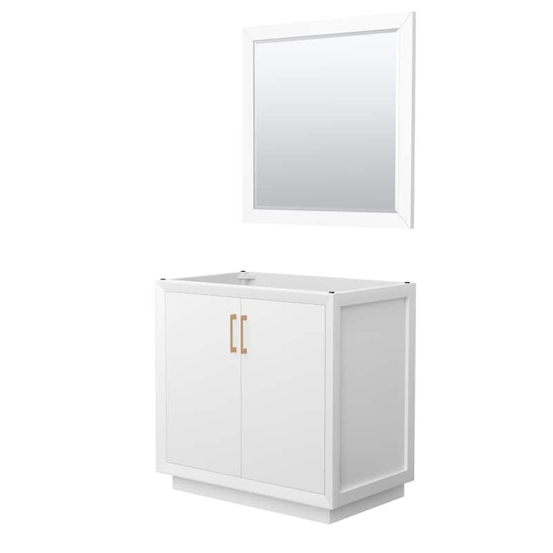 Strada 36-Inch Single Vanity Cabinet, 34-Inch Mirror - White, Satin Bronze Trim, No Top