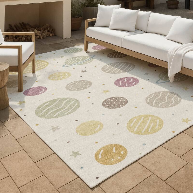 Machine Washable Indoor/ Outdoor Modern Planets Chantille Rug - Ivory - 3' x 5'