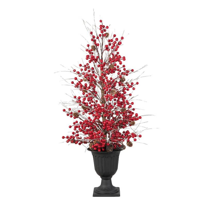 Glitzhome 3ft Christmas Lighted Berry Pine Cone Urn Porch Tree With Timer