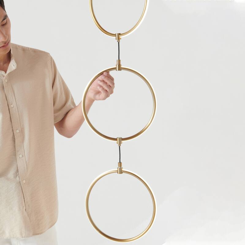 Brightec Nova 74 in. Antique Brass Dimmable LED Arc Standing Floor Lamp with 3 Ring-Style Light Pendants
