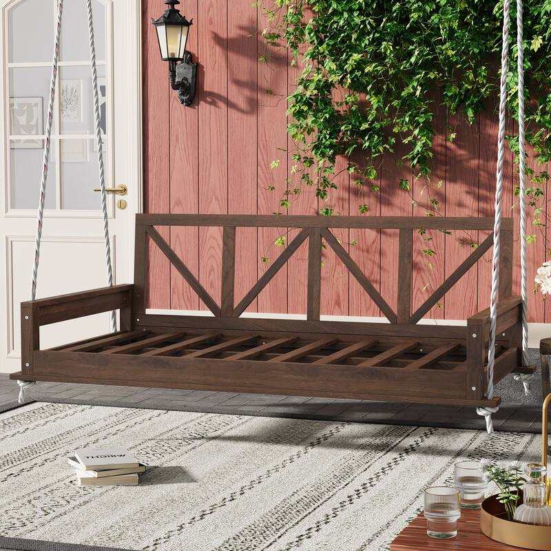 Durable Acacia Wood Twin Size Patio Swing Bed with High Backrest and 16.4ft Hemp Ropes - Brown