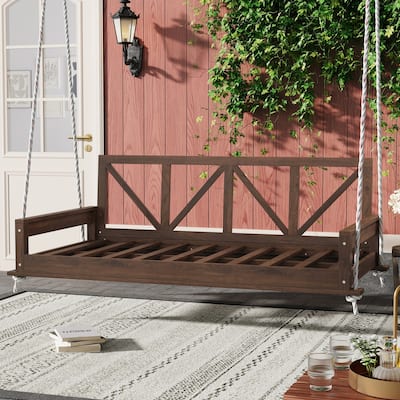Durable Acacia Wood Twin Size Patio Swing Bed with High Backrest and 16.4ft Hemp Ropes