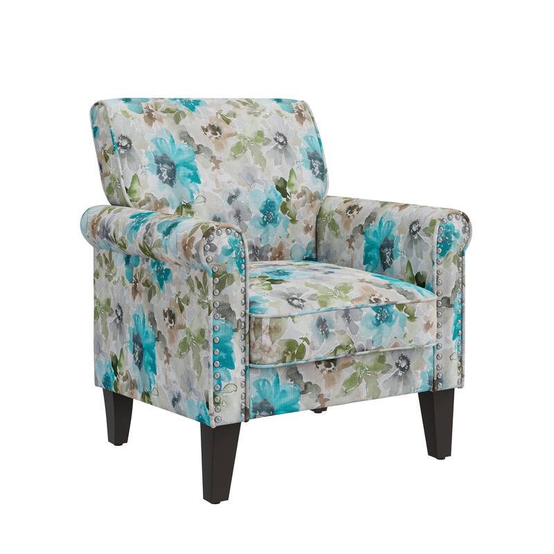 Herve Traditional Rolled Arm Accent Chair with Pewter Nailheads - Blue and Grey Floral