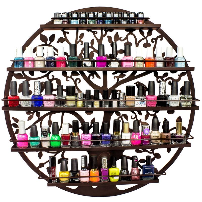 Sorbus Wall Mounted 5 Tier Nail Polish Rack Holder, Tree Silhouette Black Round Metal Salon Wall Art Display