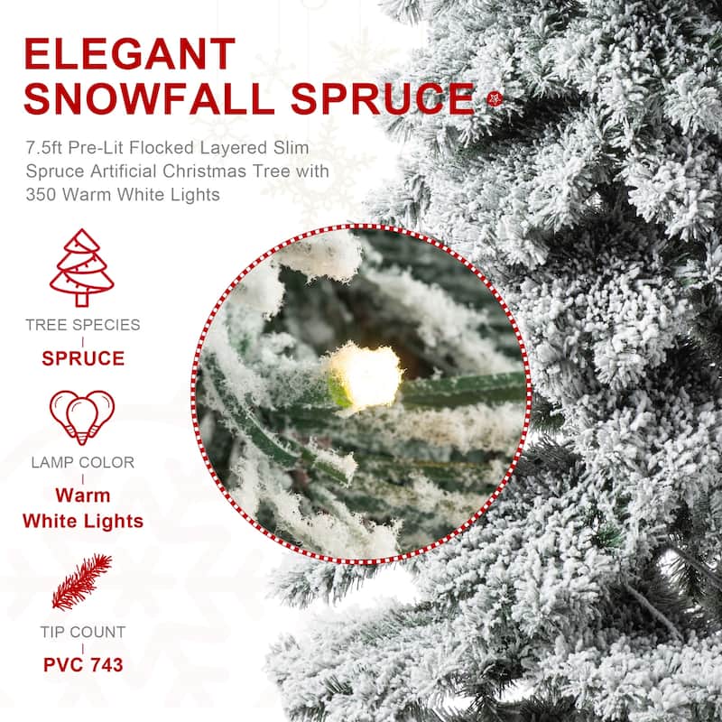 Glitzhome 7.5ft/9ft/12ft Pre-Lit Flocked Layered Spruce Artificial Christmas Trees