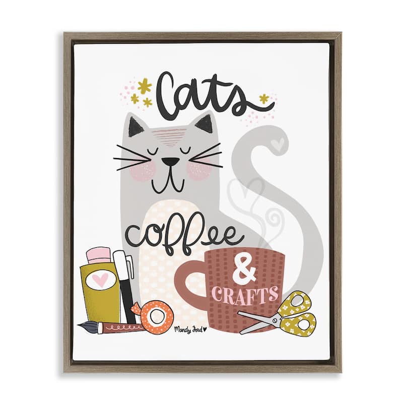 Stupell Cats Coffee & Crafts Framed Floater Canvas Wall Art Design By Mandy Ford Art + Illustration - 17 x 21 - Brown