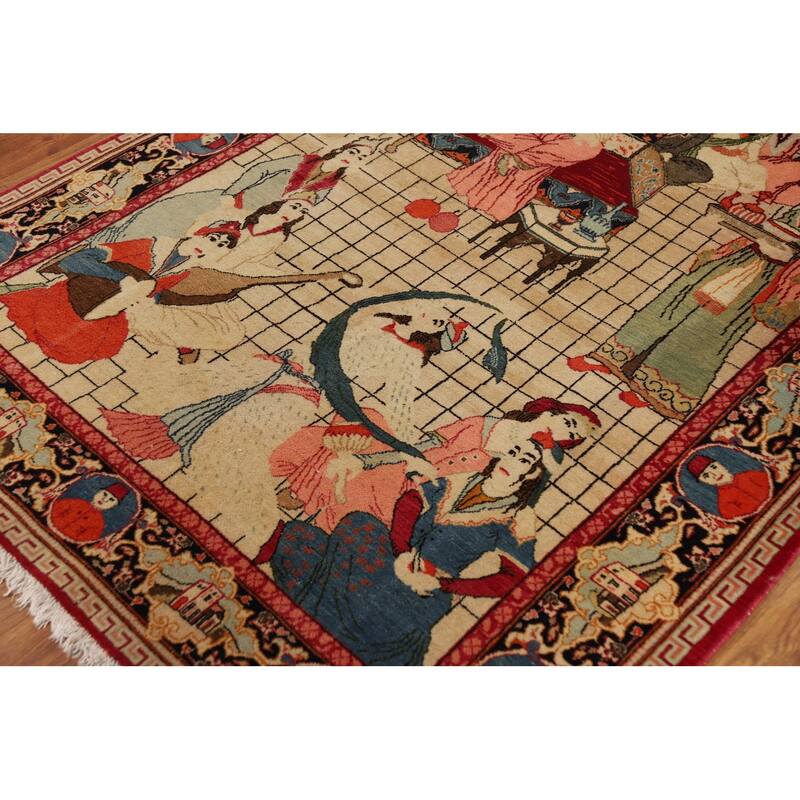 Pre-1900 Antique Pictorial Kashan Persian Rug Hand-Knotted Wool Carpet - 4'3"x 7'0"