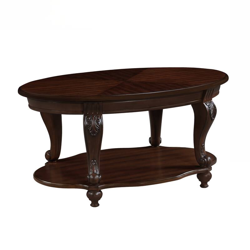 42'' oval wood coffee table for Living Room, 2-Tier Solid Wood Cocktail Table with Open Storage Shelf