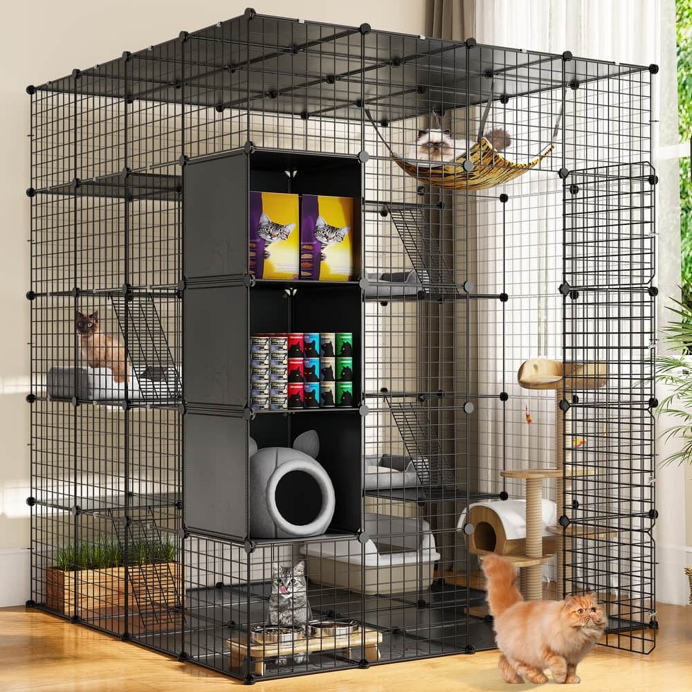 Large Cat Cage with Storage Cube DIY Indoor Catio Metal Cat Playpen with Hammock Platforms for 1-4 Cats 5 Tiers Cat Kennel