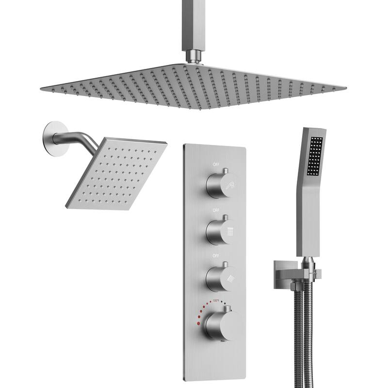 Dual Heads 16" Rainfall & High Pressure 6" Shower System w/ 3 Way Thermostatic Faucet  - Brushed Nickel