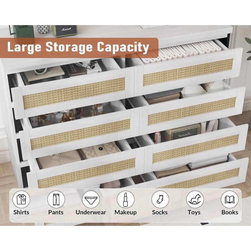 6/8 Drawer Rattan Dresser for Bedroom, Double Wood Chest of Drawers for Closet, Nightstand, TV Stand