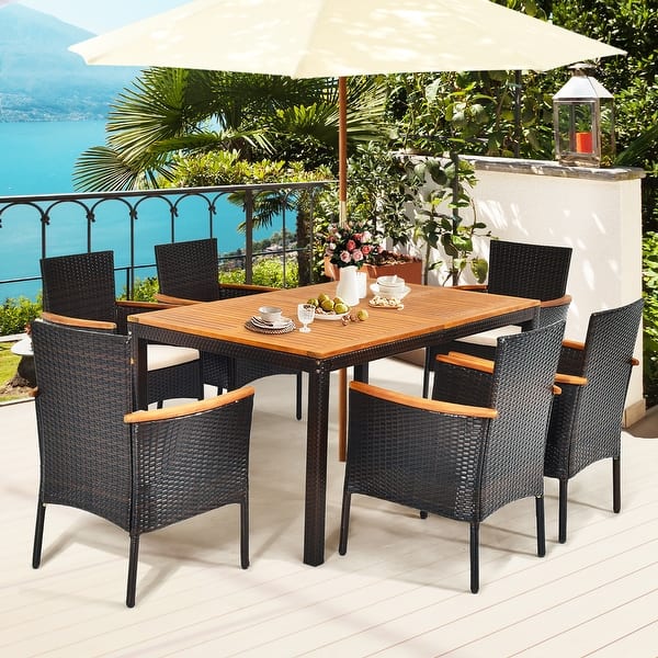 amazon patio dining set with umbrella Kibaso 7-Piece Outdoor Set, All-Weather HIPS Table & Chairs for 6, Outdoor Furniture Hole, Ideal for Garden, Poolside, Backyard, Deck, Black : Patio, Lawn & Garden comfortably seating up to 8 people for brunches 6 Pcs Patio Dining Set