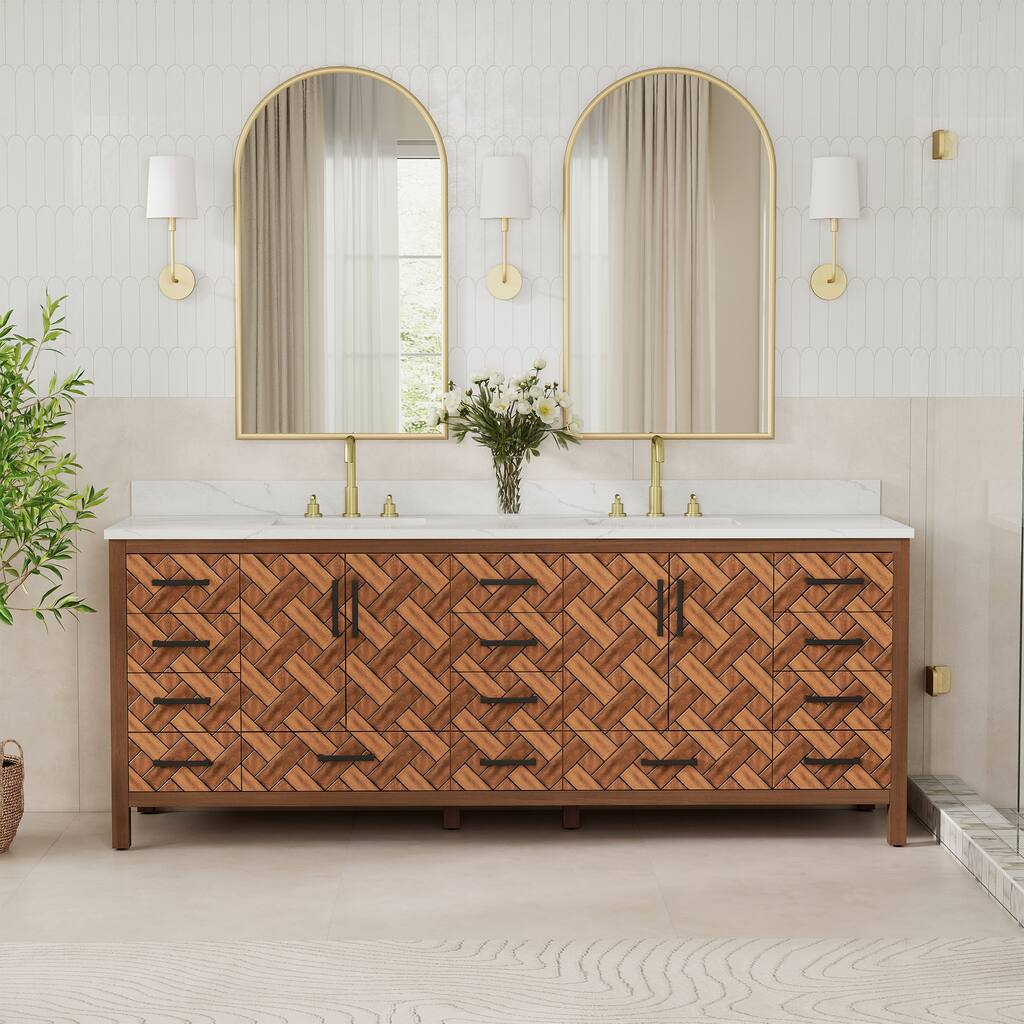 84" Freestanding Bathroom Vanity with Engineered Stone Top, Ceramic Double-Sink, Built-In Power Outlet, and Hair Dryer Storage