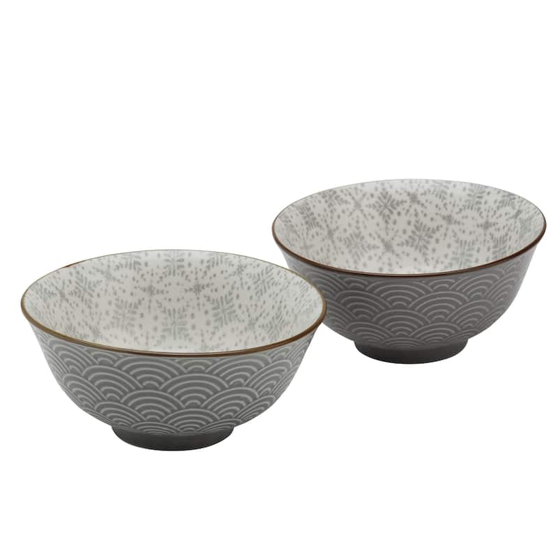 Tabletops Gallery 6" Gray Wave Embossed Stoneware Ramen Noodle Bowls, Set of 2 - 6.125"