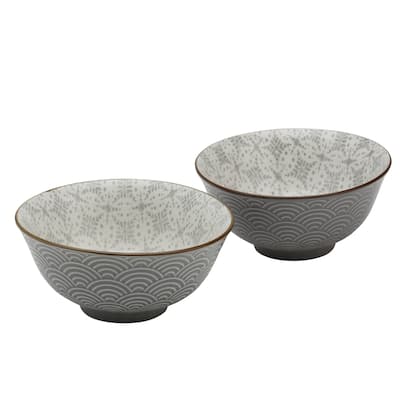 Tabletops Gallery 6" Gray Wave Embossed Stoneware Ramen Noodle Bowls, Set of 2 - 6.125"