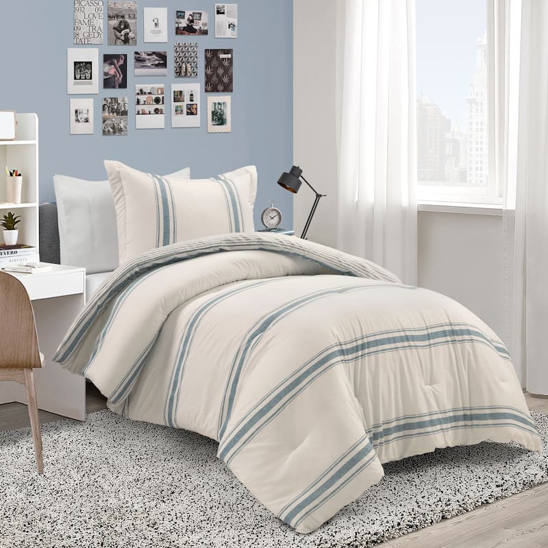 Lush Decor Farmhouse Stripe Reversible Cotton 2 Piece Comforter Set - Blue