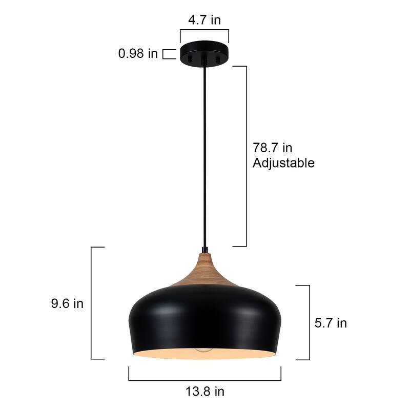Farmhouse Matte Black Dome Pendat Light with Wood - 13.8