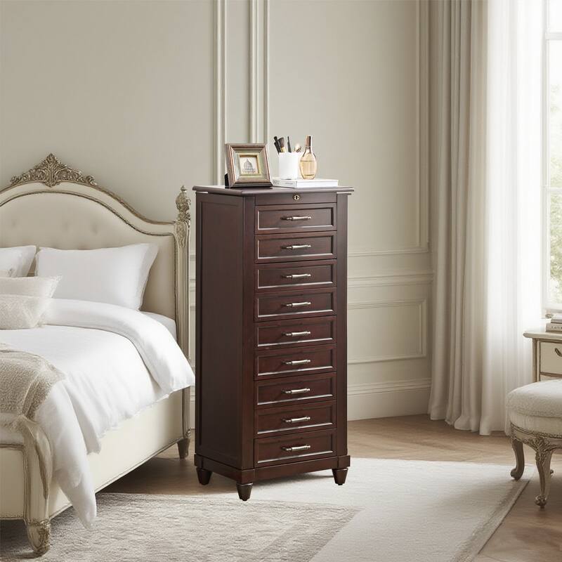Tall Standing Jewelry Armoire with Mirror,Lockable Wooden Jewelry Cabinet with 9 drawers and side door,
