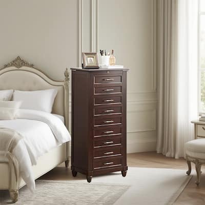 Tall Standing Jewelry Armoire with Mirror,Lockable Wooden Jewelry Cabinet with 9 drawers and side door,