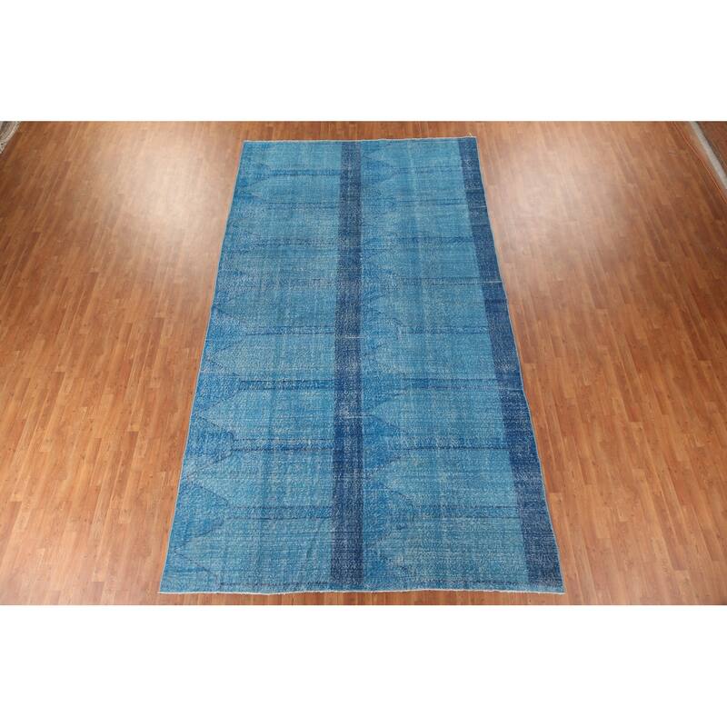 Over-Dyed Blue Anatolian Distressed Vintage Rug Handmade Wool Carpet - 7'10" x 14'0"
