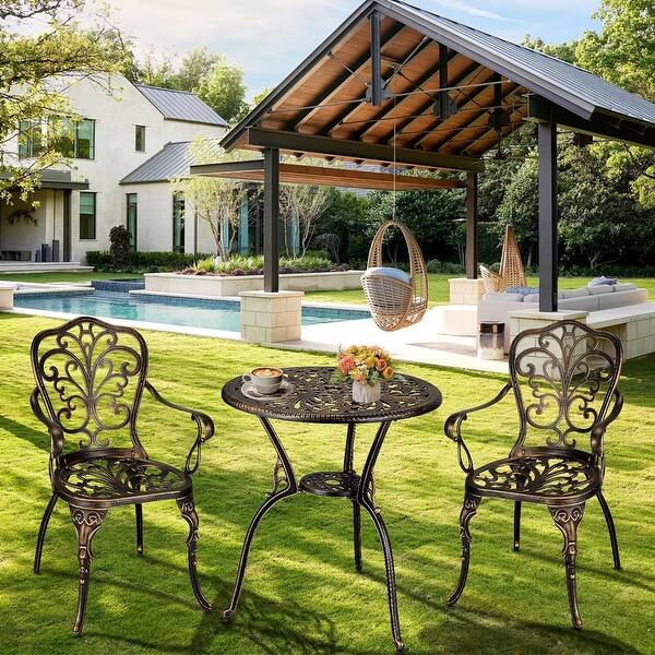 balcony patio set 3pc 7 umbrella 3-Piece Bistro Outdoor Cast Aluminum Bistro Table and Chairs Nuu Garden This set is lightweight and sturdy 7 Pieces Patio Rattan Cushioned