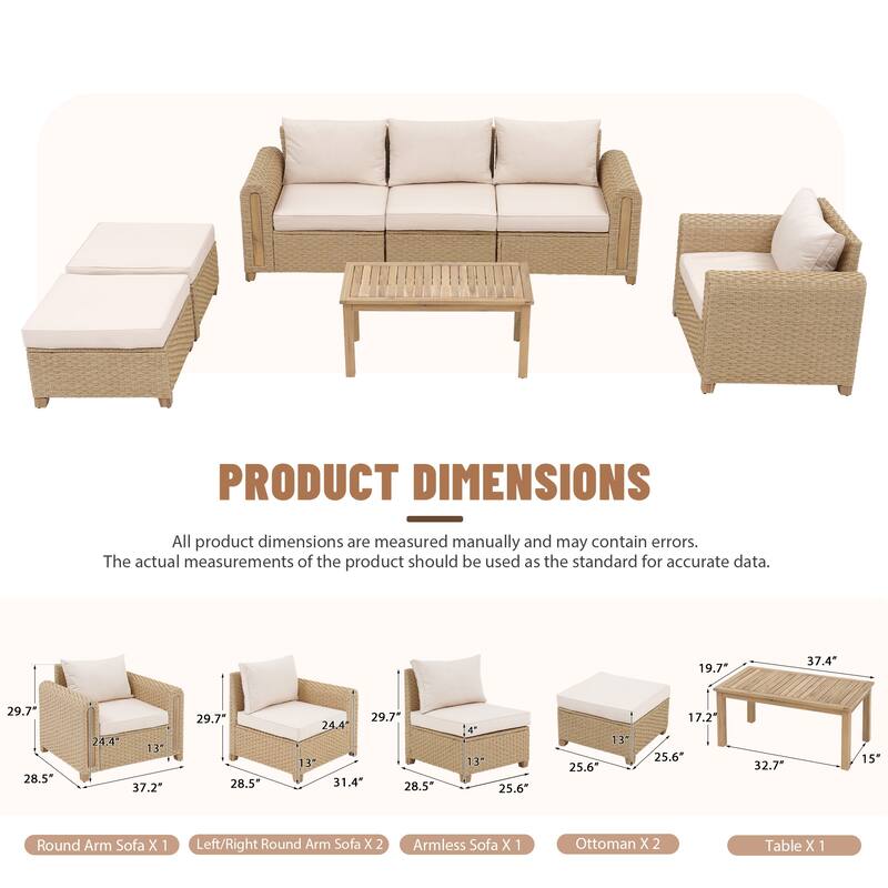 Outdoor Conversation Set Sectional Sofa 7-Piece Patio 3-Seater Modular Sofa Coffee Table Wicker Rattan Acacia Wood with Ottoman